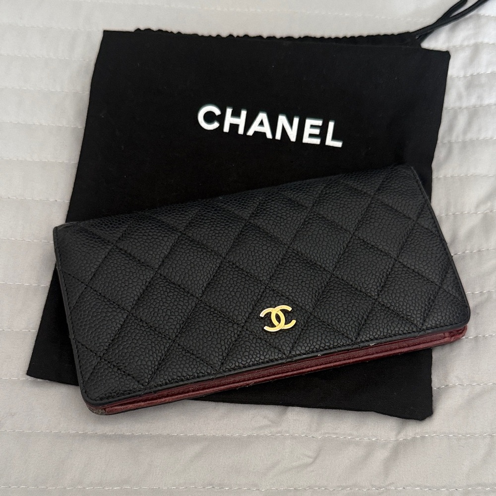 CHANEL Black Quilted Wallet with Gold Accent caviar leather